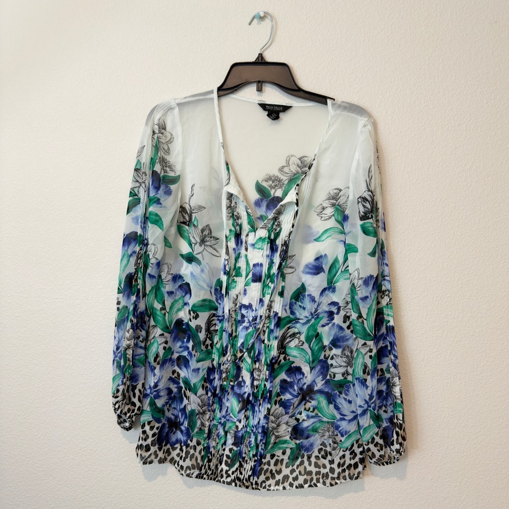 White House Black Market Blouse Women 6 Blue Floral Leopard Good Pleated Sheer